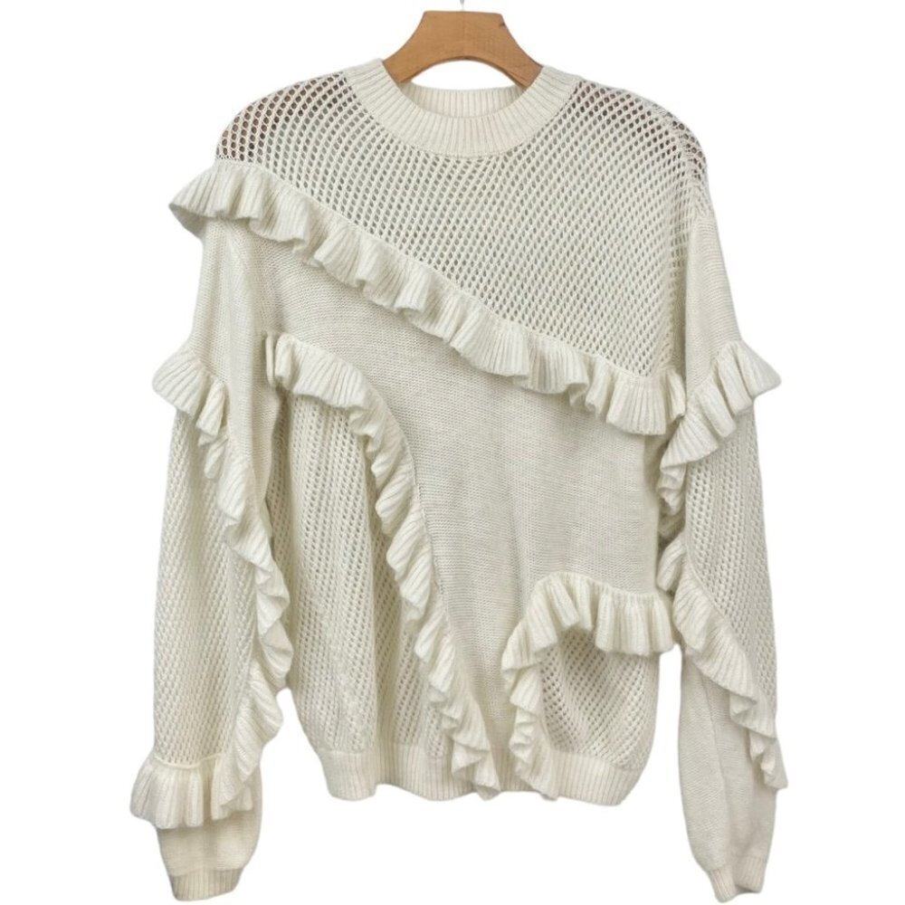 ** Wonderment Cream Angora Nylon Ruffle Crewneck Sweater Size L